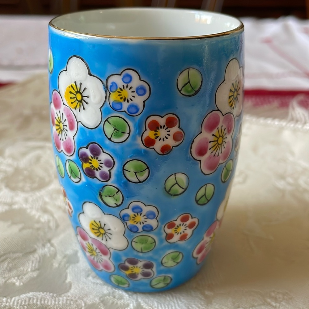 VTG CMI Chadwick hand painted saki cup tumbler vase porcelain blue floral